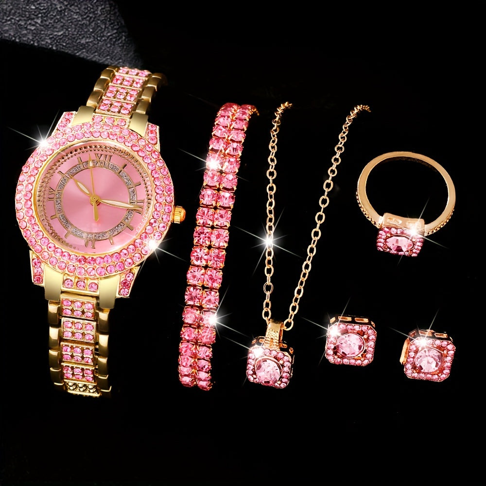 6-Piece Elegant Quartz Wristwatch and Jewelry Set with Round Rhinestone Case, Non-, Zinc Alloy Strap, Classic Simple Dial – Includes Matching Bracelet, Necklace, Earrings, Ring for Special Occasions (Valentine's Day, Easter